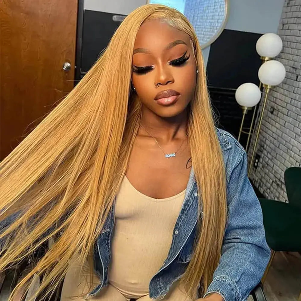 Tuneful Honey Blonde 13X6 HD Transparent Lace Front Wig Human Hair Pre Plucked Honey Blonde Wig Human Hair 180% Density Lace Frontal Wigs Colored 27#