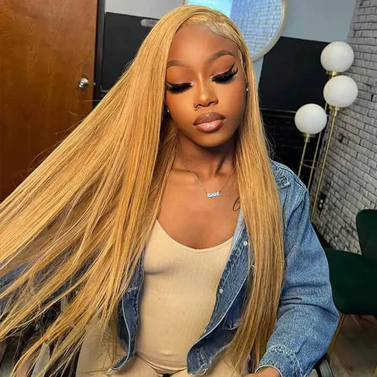 Tuneful Honey Blonde 13X6 HD Transparent Lace Front Wig Human Hair Pre Plucked Honey Blonde Wig Human Hair 180% Density Lace Frontal Wigs Colored 27#