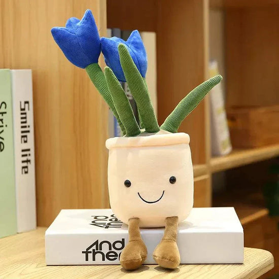 Smiling tulip plush plant decor with cheerful face and vibrant green succulent design