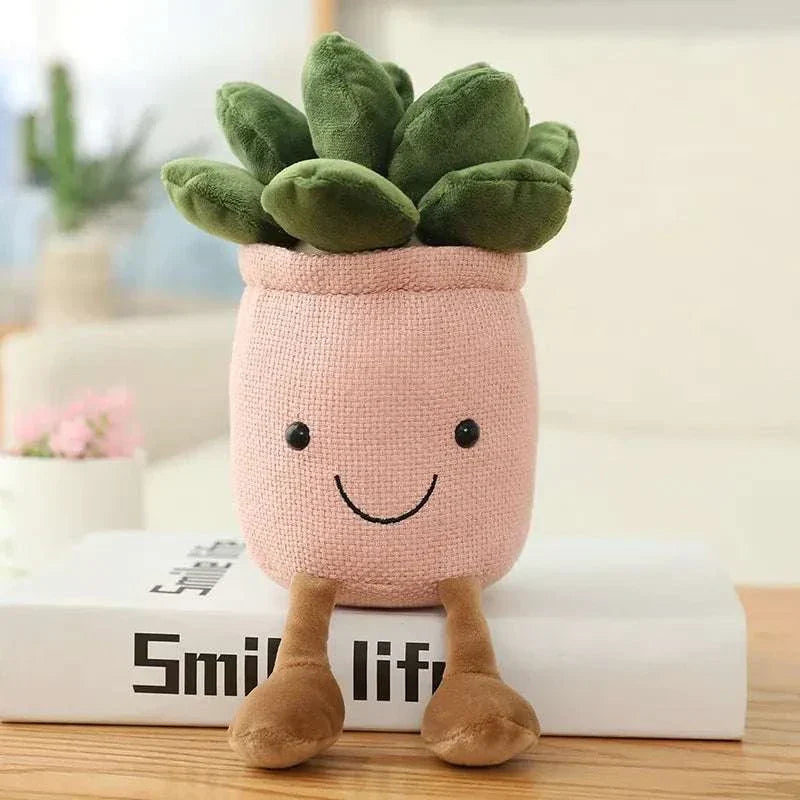 Smiling tulip plush plant decor with adorable face and vibrant green succulent design