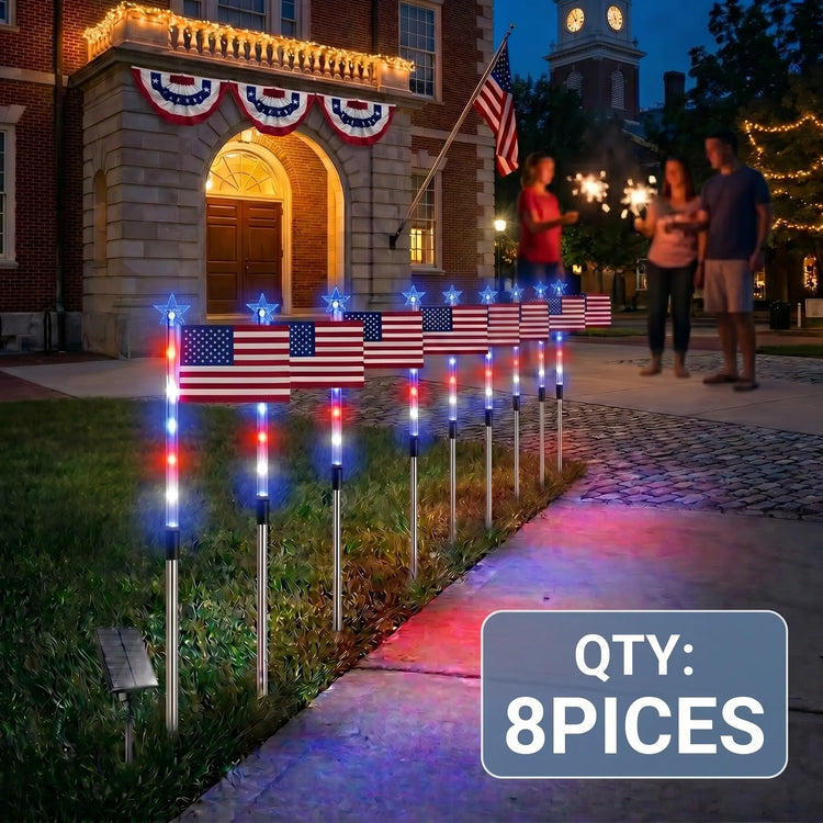 8-Piece Flag Light Set, 4Th of July Decorations 8 Lighting Modes, 8-In-1 American Flag Solar Lights, Memorial Day Decorations Featuring Red, White, and Blue Lights for Independence Day Pathway Garden Decorations Yard Pathway