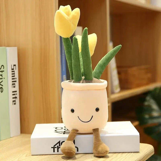 Smiling tulip plush plant decor with cheerful face and vibrant succulent design for home decoration