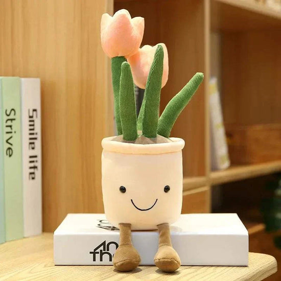 Smiling Tulip Plush Plant Decor with smiling face and vibrant succulent tulip design for cheerful home decoration