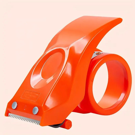 Heavy-duty tape dispenser with ergonomic design and chromium blades in orange and yellow colors