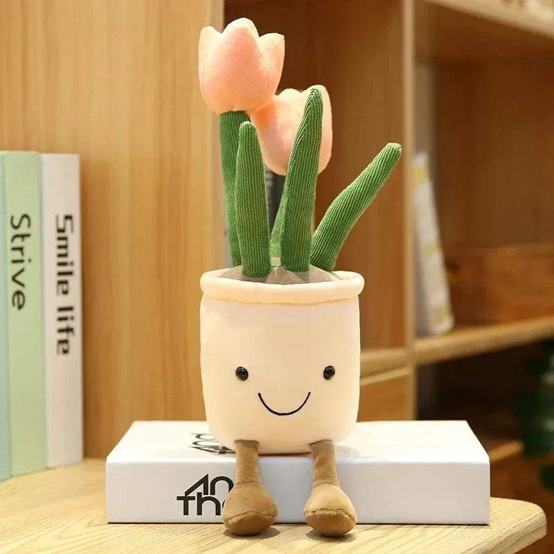 Smiling Tulip Plush Plant Decor with smiling face and vibrant succulent tulip design, soft and cheerful home ornament