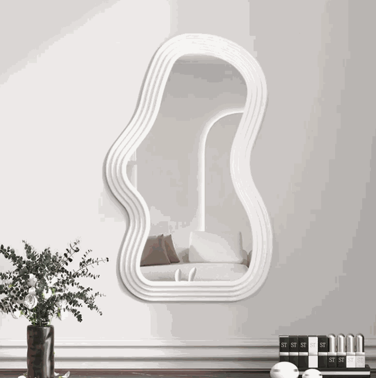 Cloud shaped makeup mirror with wave and ripple patterns in white, pink, and black, plastic frame and aluminum lens for living room, bedroom, and bathroom use