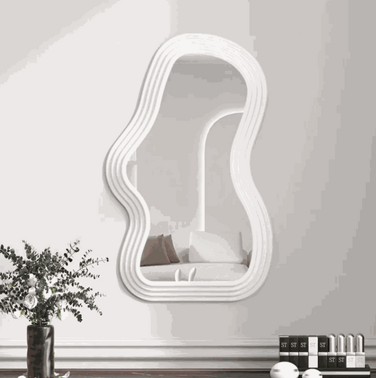Cloud shaped makeup mirror with wave and ripple patterns in white, pink, and black, plastic frame and aluminum lens for living room, bedroom, and bathroom use