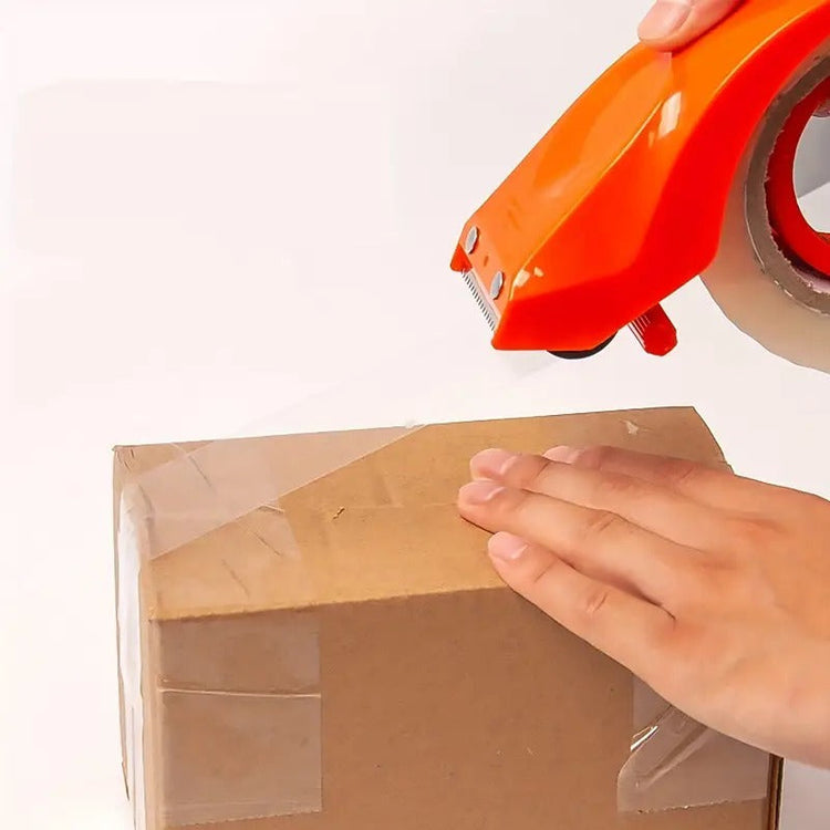 Heavy-duty tape dispenser with 10° sloped chromium blades in orange and yellow plastic for efficient packing and sealing
