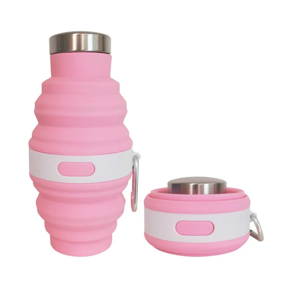 Collapsible silicone water bottle with carabiner in pink