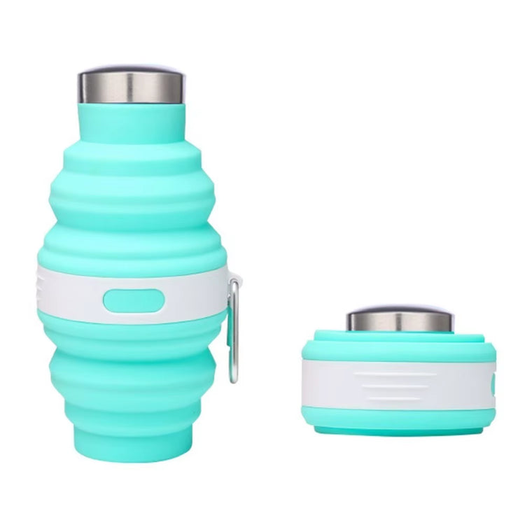Collapsible silicone water bottle with carabiner in blue
