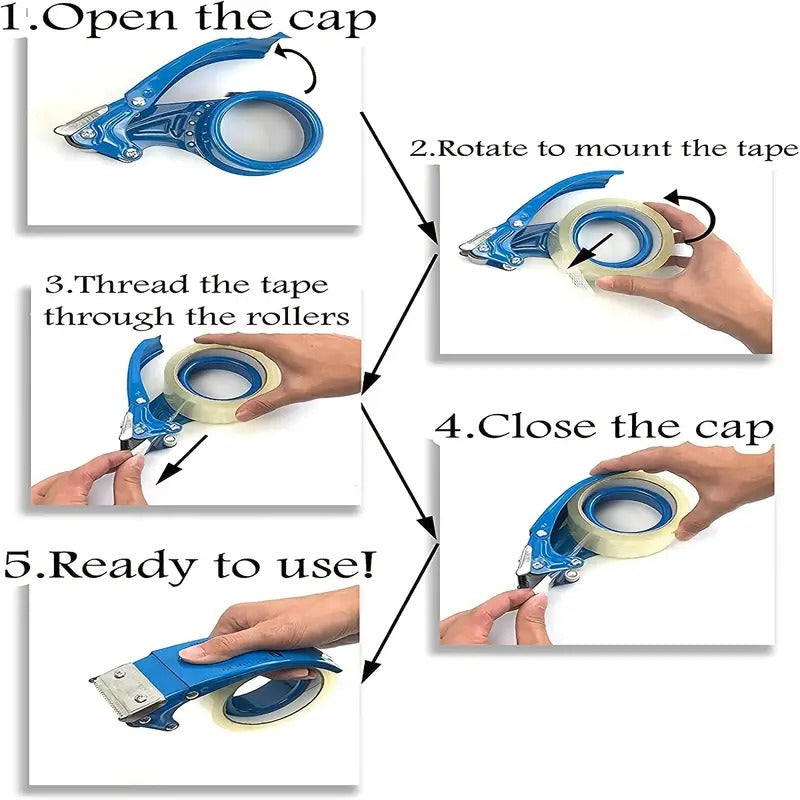 Heavy-duty tape dispenser with 10° sloped chromium blades in orange and yellow, ergonomic plastic design for packing and sealing