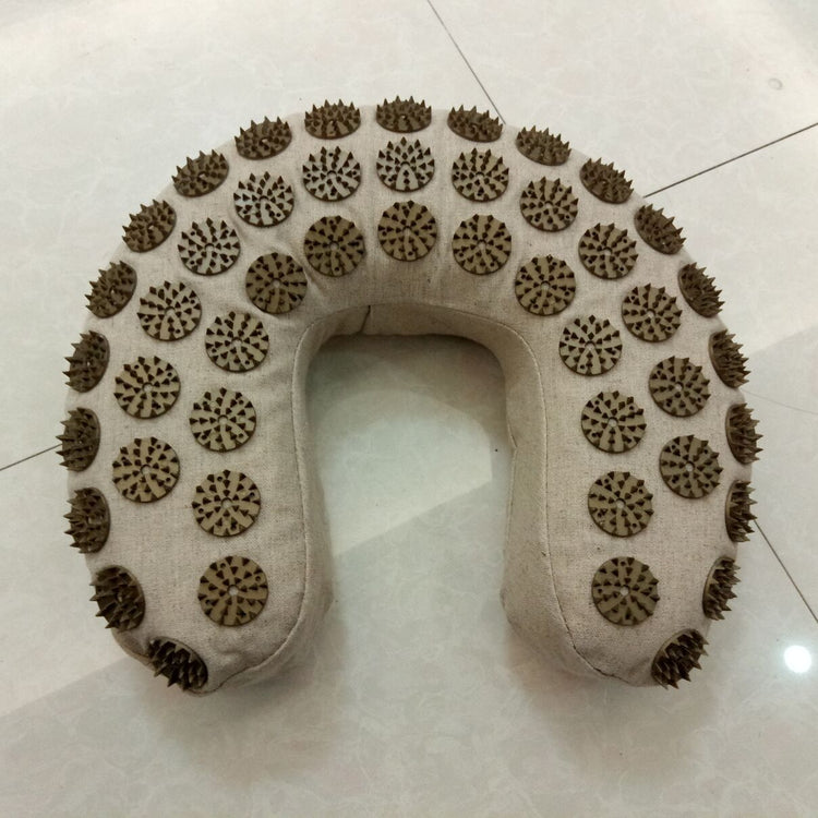 Organic Linen U-Shaped Acupuncture Pillow with massage heads and linen gold buckle for neck support and relaxation