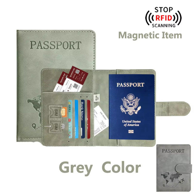 RFID-blocking PU leather passport holder wallet in grey