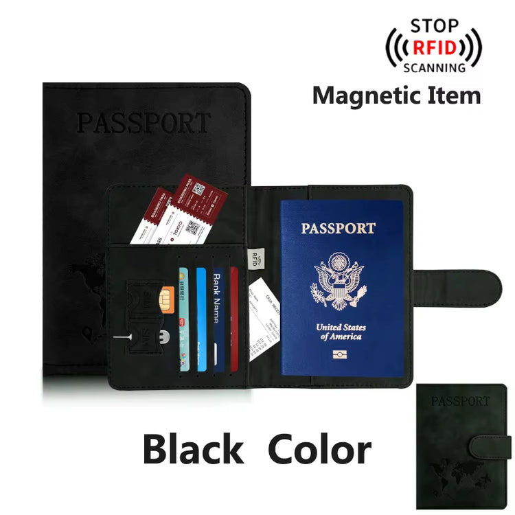 RFID-blocking PU leather passport holder wallet in black