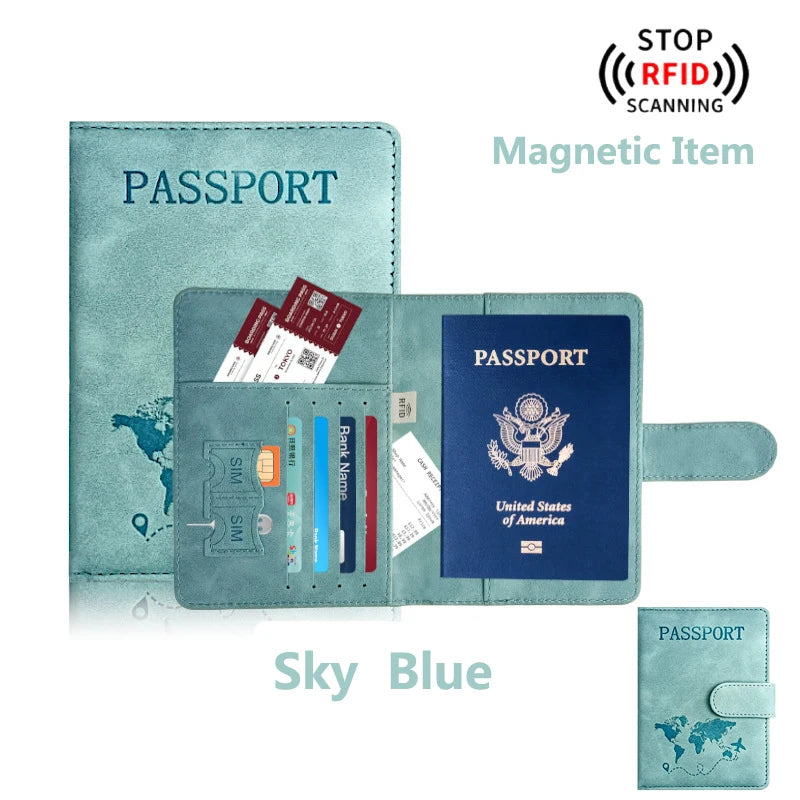 RFID-blocking PU leather passport holder wallet in sky blue
