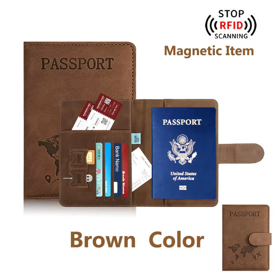 RFID-blocking PU leather passport holder wallet in brown